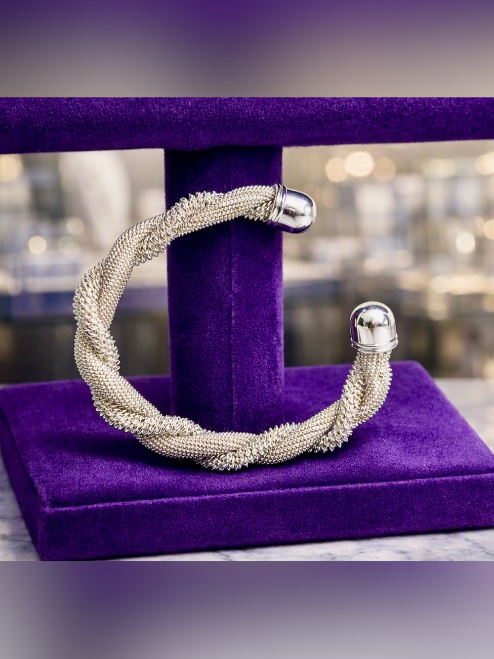 1990’s Twisted Silver Mesh Cuff Bracelet – 3.25” Diameter, Polished End Caps